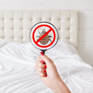 person holding a magnifying glass showing no more bed bugs
