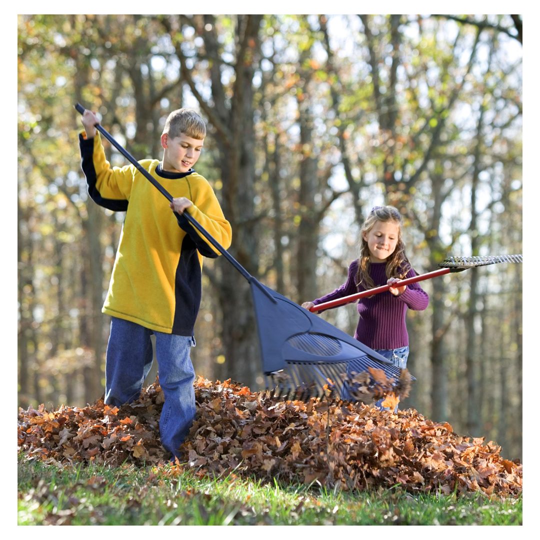 two kids raking leaves in a yard