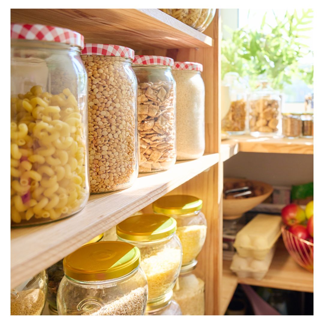 dry foods sealed in jars in a pantry