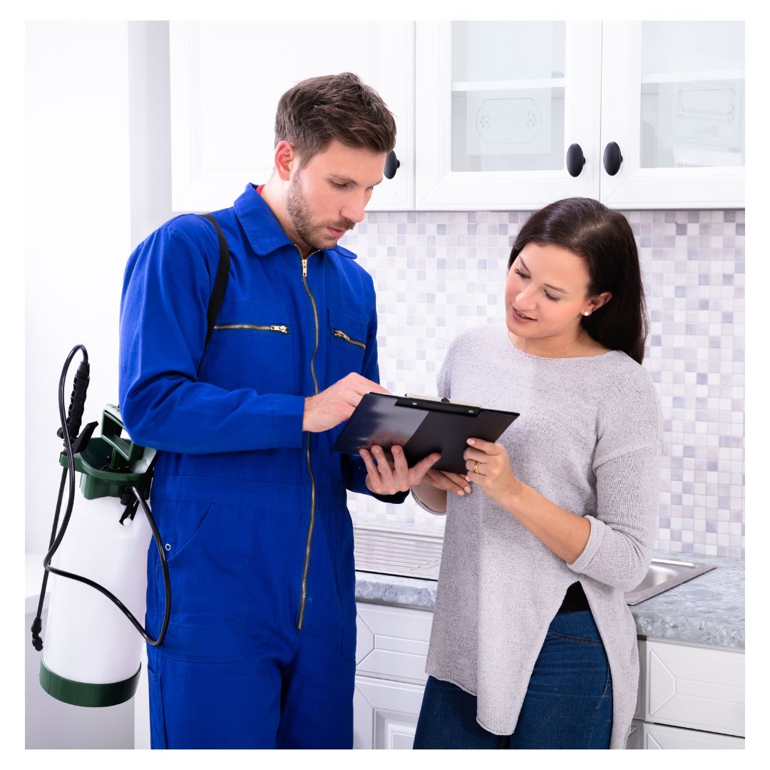 a pest inspector showing a woman information