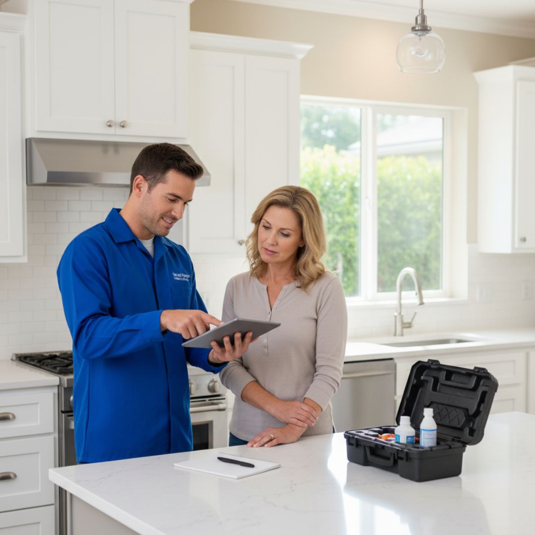 pest control tech with homeowner