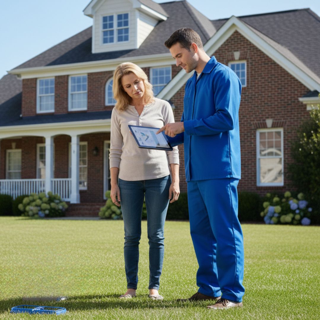 pest control tech talking with homeowner