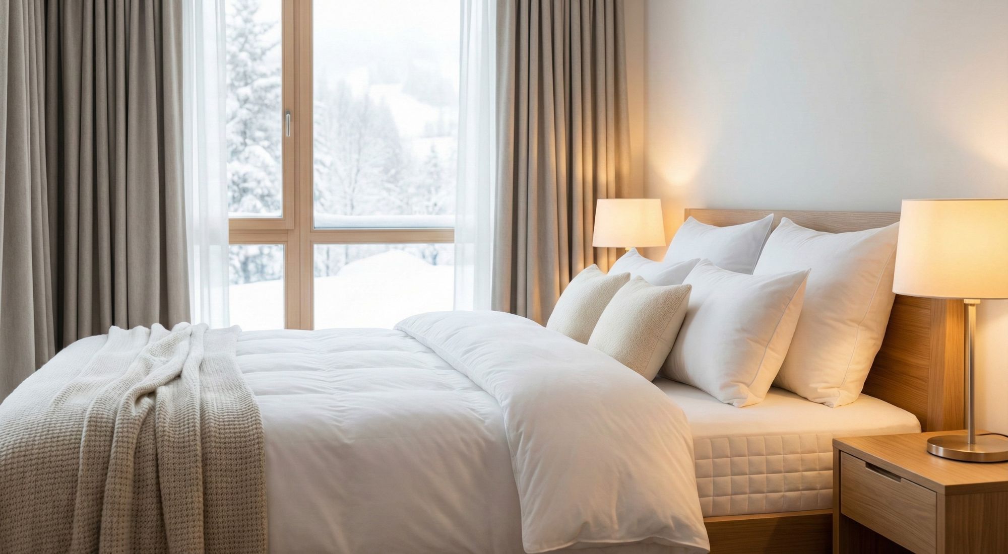 A cozy Frisco bedroom during winter with a focus on a clean mattress, symbolizing a warm environment where bed bugs remain active.