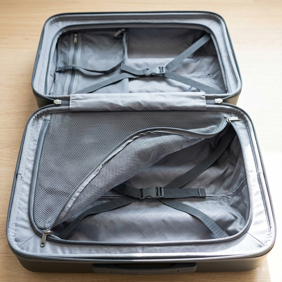 Interior view of an open suitcase focusing on mesh pockets and lining.