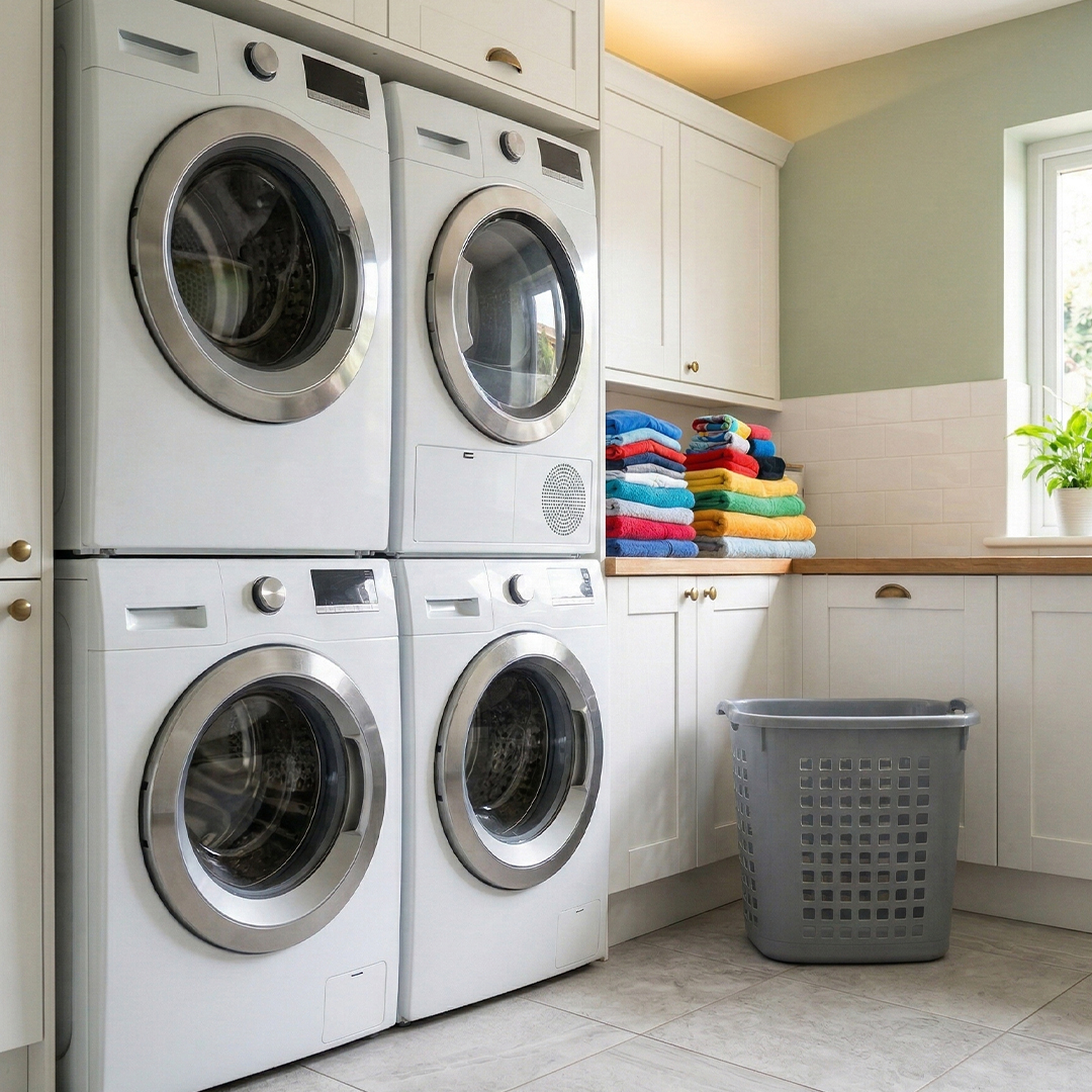 Modern laundry room with washing machine and dryer for high-heat sanitation.