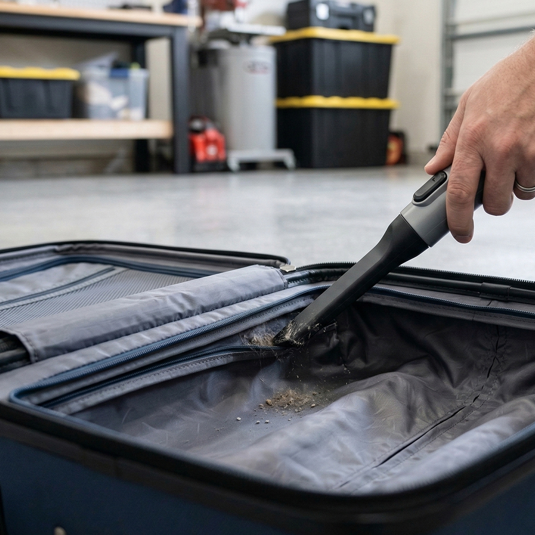 Hand vacuuming the interior edges and corners of a travel suitcase.
