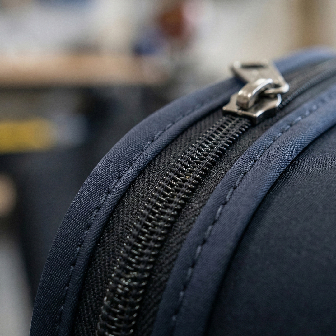 Close-up detail of a luggage zipper and stitching for bed bug inspection.