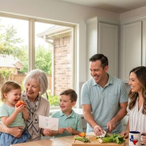 Happy Texas family in the kitchen representing domestic organization and flexible living.
