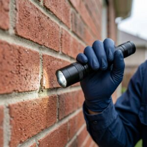Professional pest control technician performing a detailed exterior home inspection.