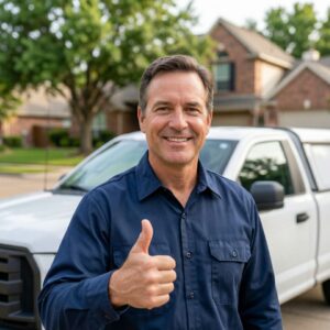 Friendly pest control technician giving a thumbs up in a Richardson neighborhood.